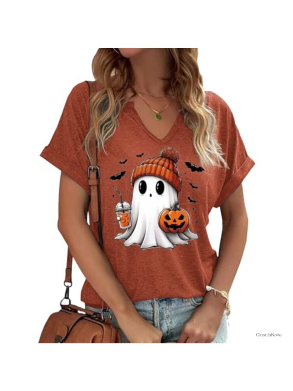 Women's Halloween Ghost Pumpkin V-Neck Short Sleeve Tee Fall Thanksgiving Top